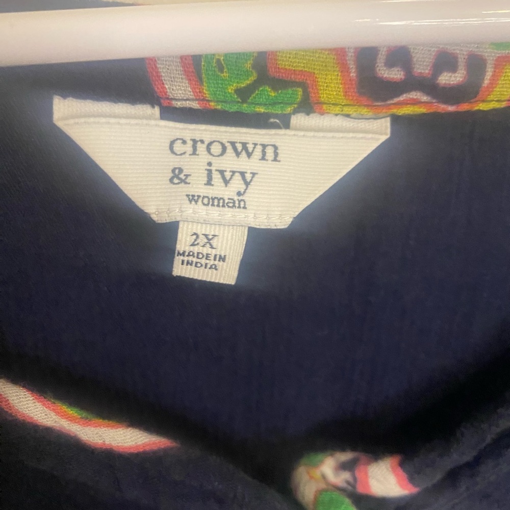 Crown & Ivy peasant shirt navy blue green tassel 3/4 length sleeves size 2x - Picture 3 of 4